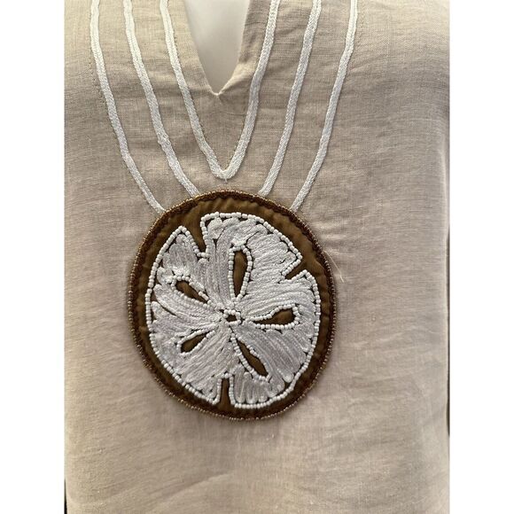 BARBARA GERWIT Linen Blouse Top S/M Tunic‎ Beaded Shirt Sand Dollar Ivory Beach - Picture 2 of 12